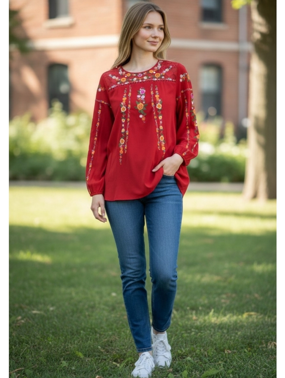 Umgee medium embroidered tunic top long sleeves lace red bohemian summer fairy